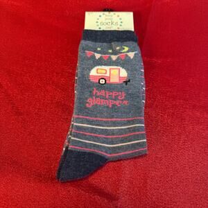 LeGale Happy Camper Socks Blue Vintage Retro Trailer RV Camping Crew Socks New